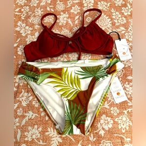 Shade & Shore Burgundy Bikini Top with Tropical Leaf Bottoms nwt
